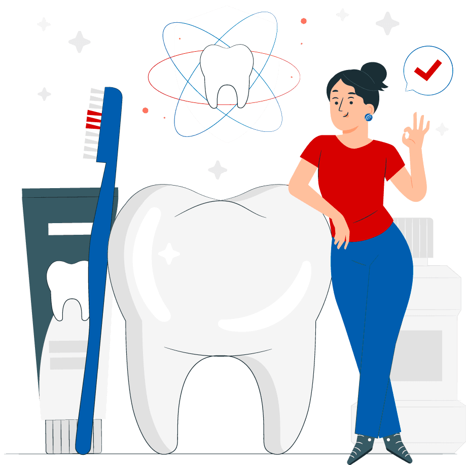 ilustração dentista encostada em um dente e do outro lado de uma escova enconstada no dente..