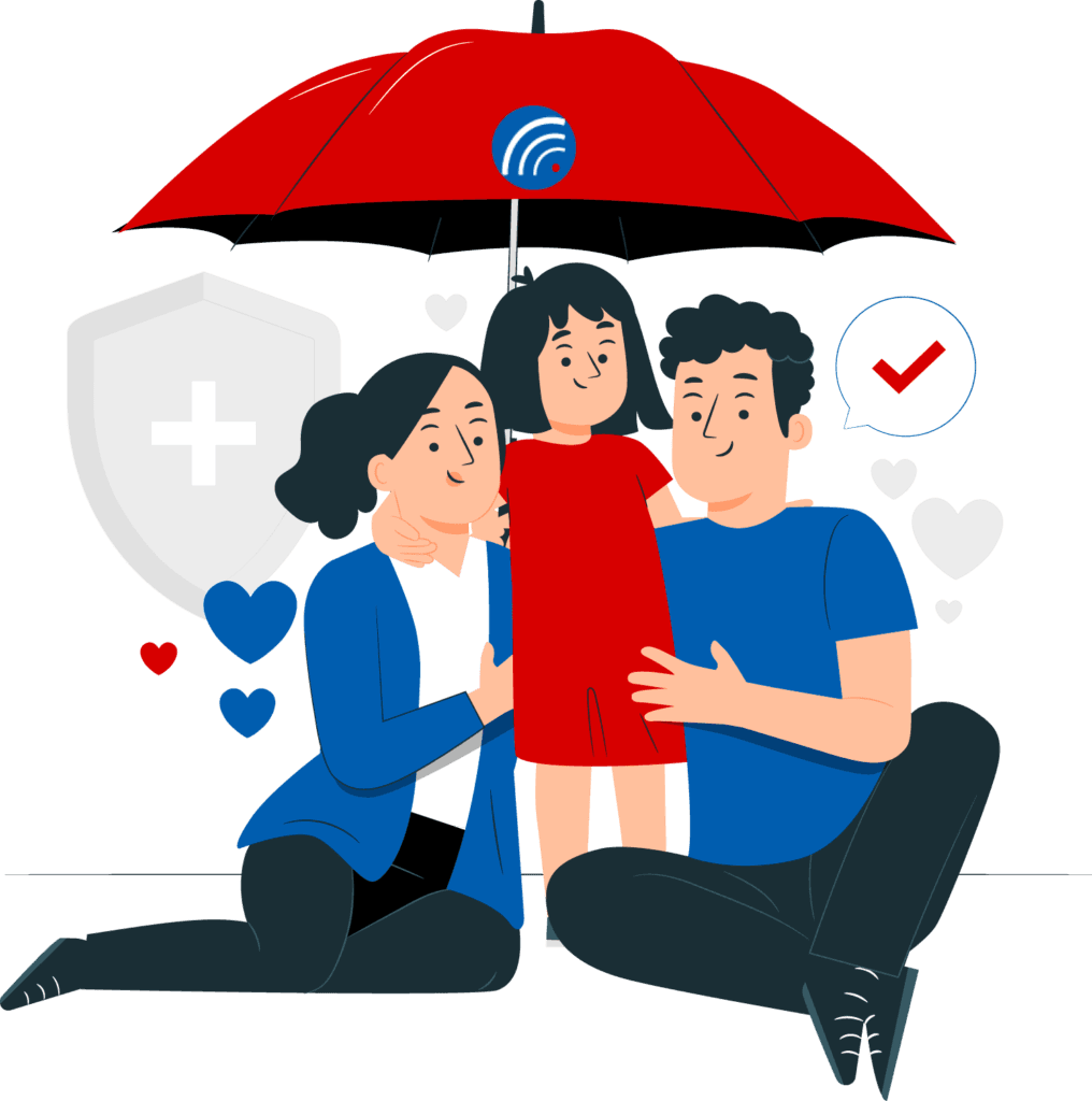 Ilustração de uma familia reunida em baixo do guarda-chuva.