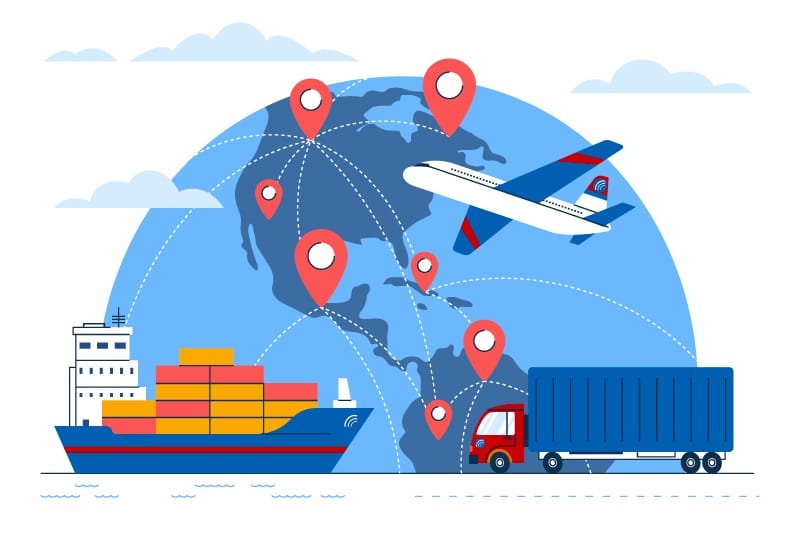 Ilustração veiculos navio, avião e caminhão com transportando mercadoria.