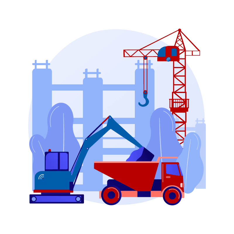 ilustração de uma grua, caminhão e uma retroescavadeira.