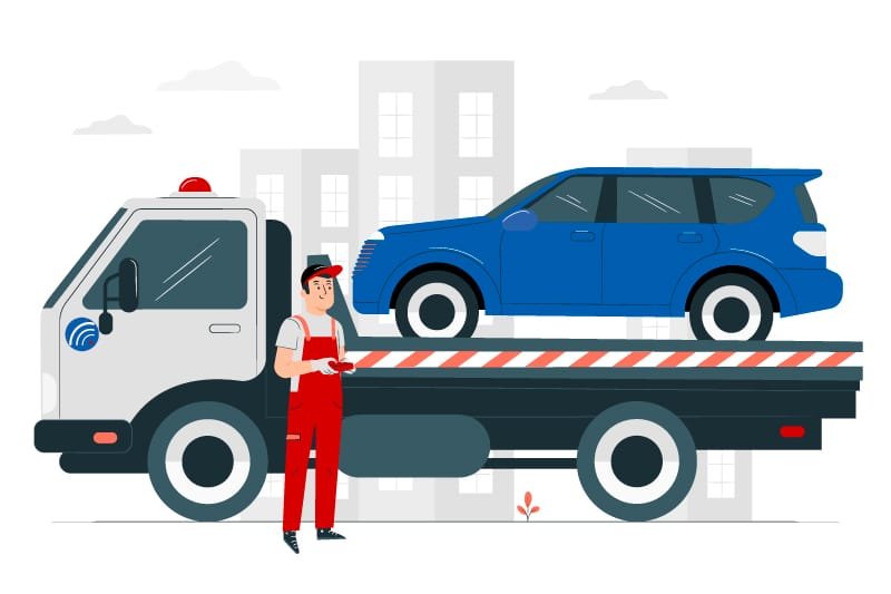 ilustração veículo sendo rebocado por um guincho.