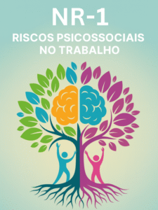 Ilustração vetorial de uma árvore colorida com cérebro estilizado no topo, simbolizando a NR-1 e os riscos psicossociais no ambiente de trabalho.