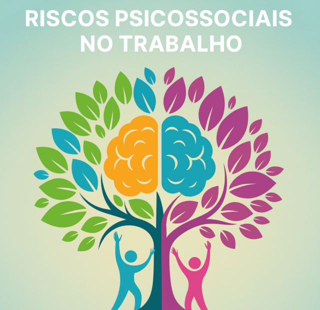 Ilustração vetorial de uma árvore colorida com cérebro estilizado no topo, simbolizando a NR-1 e os riscos psicossociais no ambiente de trabalho.