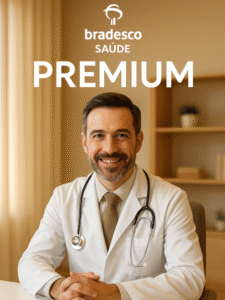 Escrito bradesco saúde premium e um médico sentado na mesa com o estetoscópio no pescoço.