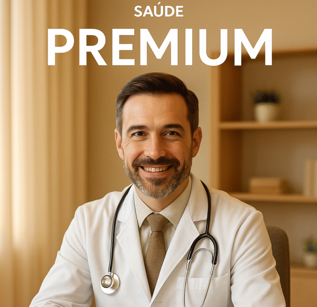 Escrito bradesco saúde premium e um médico sentado na mesa com o estetoscópio no pescoço.