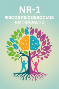 Ilustração vetorial de uma árvore colorida com cérebro estilizado no topo, simbolizando a NR-1 e os riscos psicossociais no ambiente de trabalho.