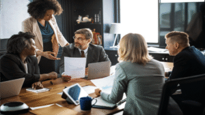 Pessoas sentadas em uma mesa de reunião discutindo sobre o seguro de D&O - Directors and Officers (RC Administradores)
